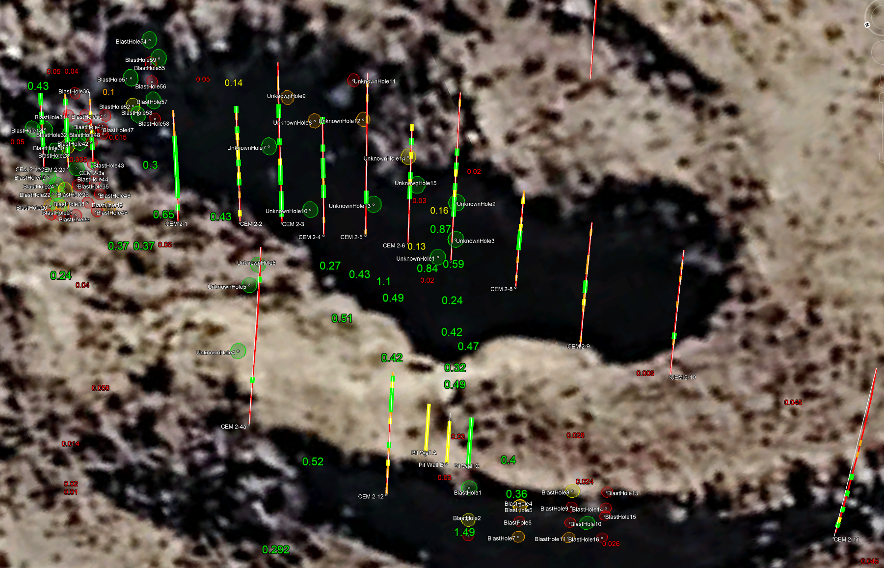 Drill holes and assay visualization map