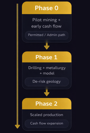 Phased development roadmap showing Phase 0 pilot mining, Phase 1 drilling, and Phase 2 scaled production